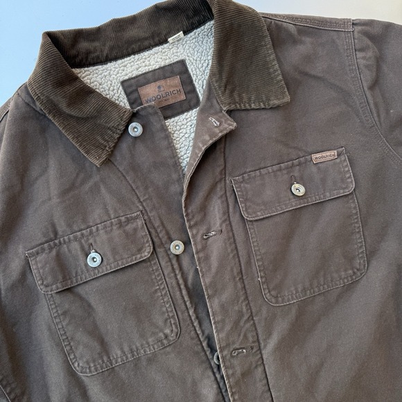 Brown Woolrich Military Sherpa Lined Duck Canvas Button Up Chore Jacket Large